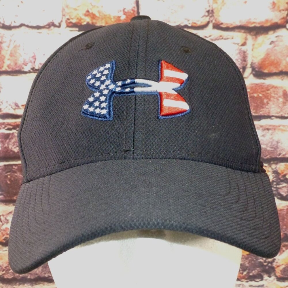 Under Armour Black Baseball Cap With American Flag Logo & Embroidered Red Text M